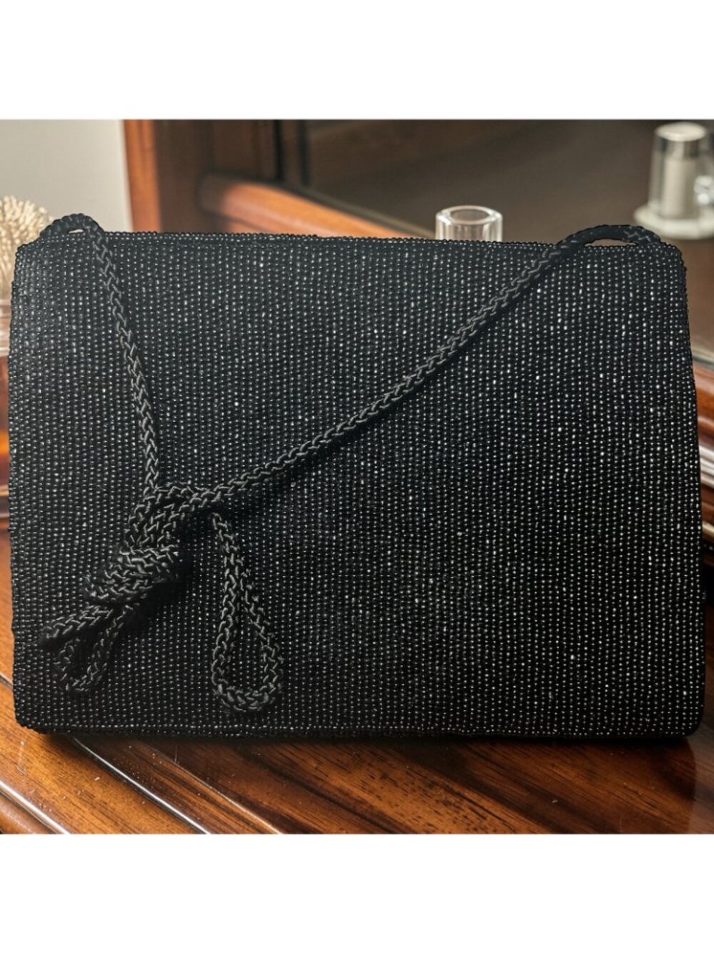 Partners Beaded Glass Acrylic Style Evening Clutch Floral Purse Rich Black - Picture 4 of 9